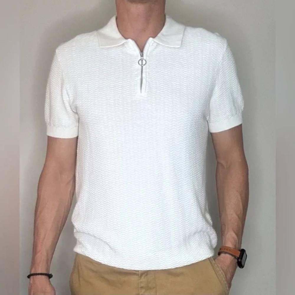 H&M Ivory Textured Zip-Up Polo